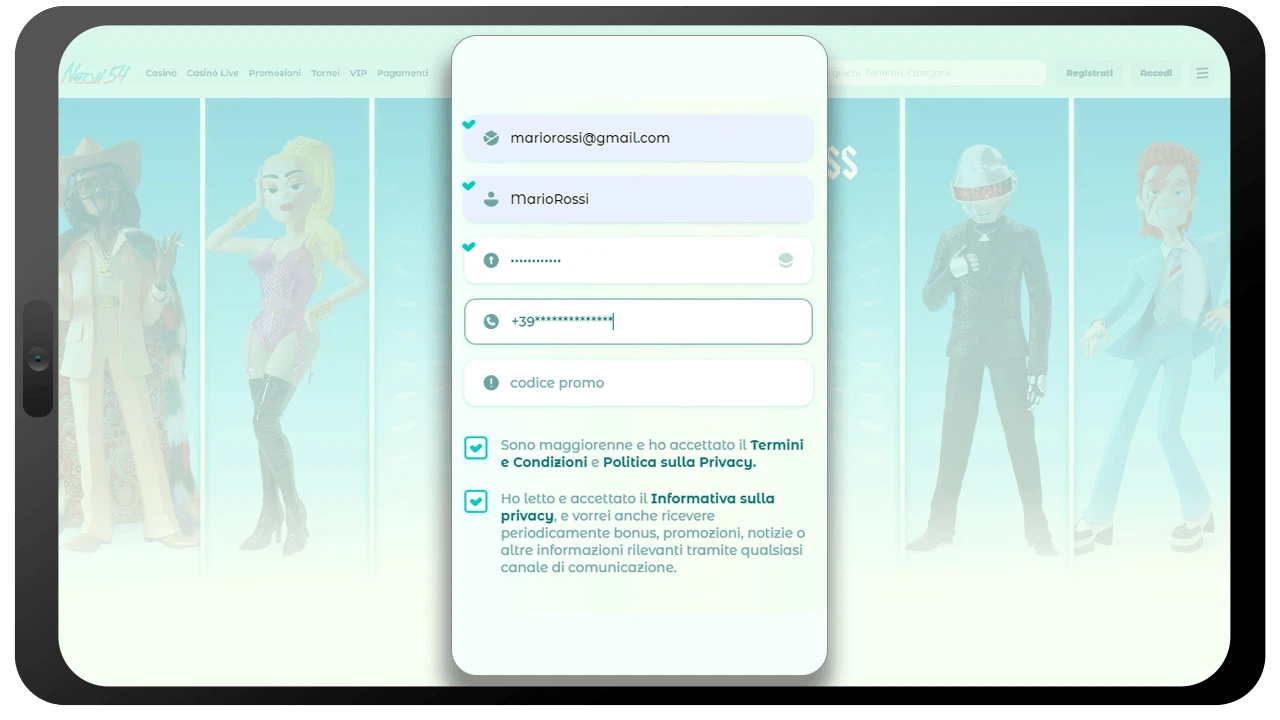 Registrazione su Neon54 Casinò
